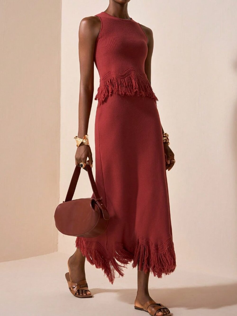 Rose Red Elegant Women's Tasseled Patchwork Sweater Top & Mid-Length Knit Skirt